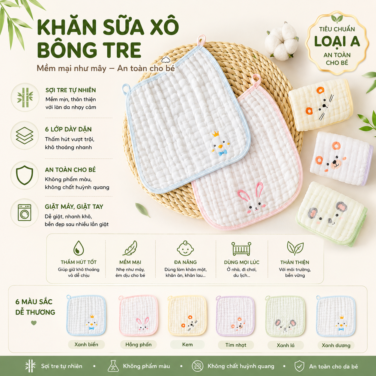 Set 5 khăn sữa cho bé in hình thú sợi bông tre 6 lớp, khăn xô cao cấp siêu thấm hút, mềm mại, kháng khuẩn cho trẻ sơ sinh