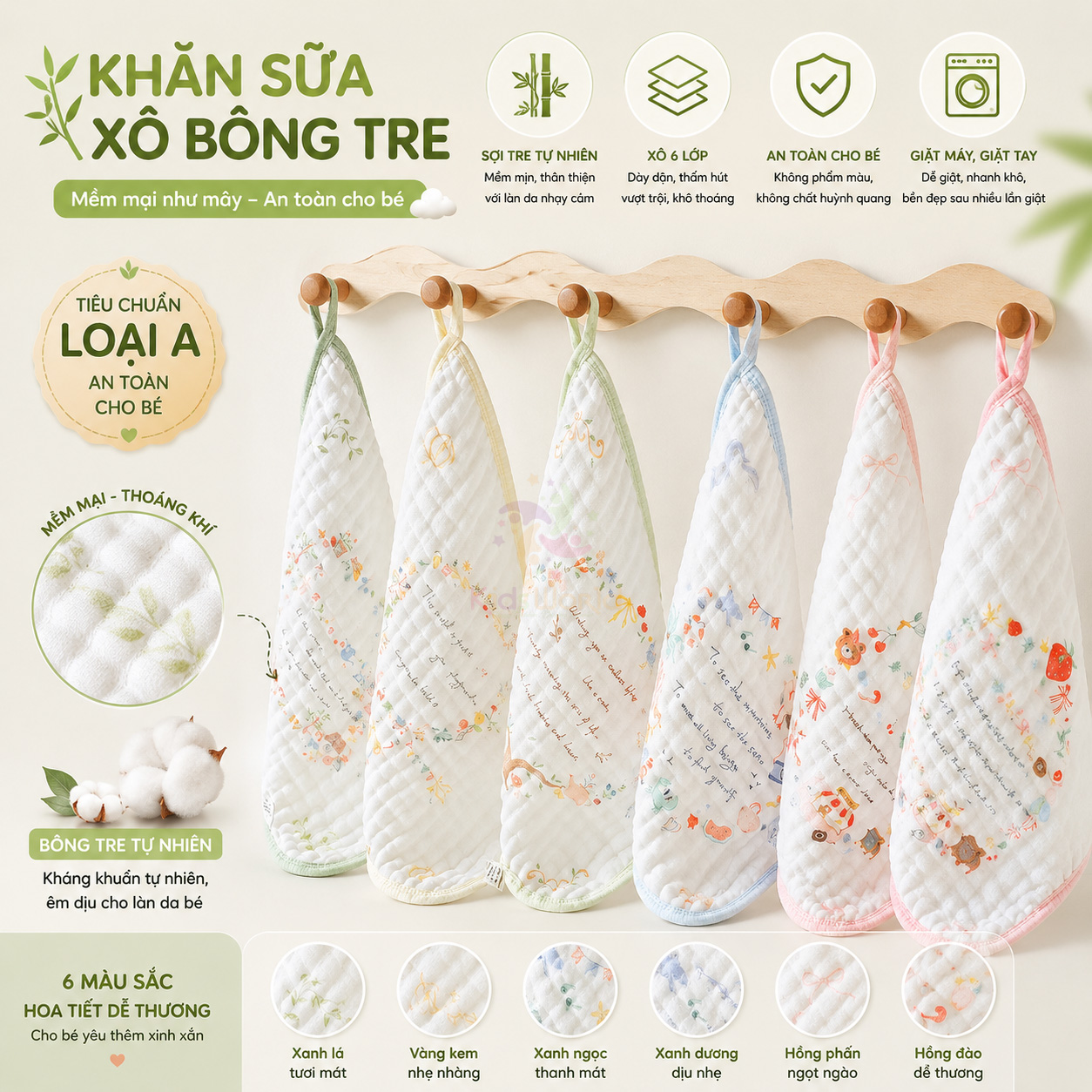 Set 5 khăn sữa cho bé sợi bông tre 6 lớp, khăn xô cao cấp siêu thấm hút, mềm mại, kháng khuẩn cho trẻ sơ sinh
