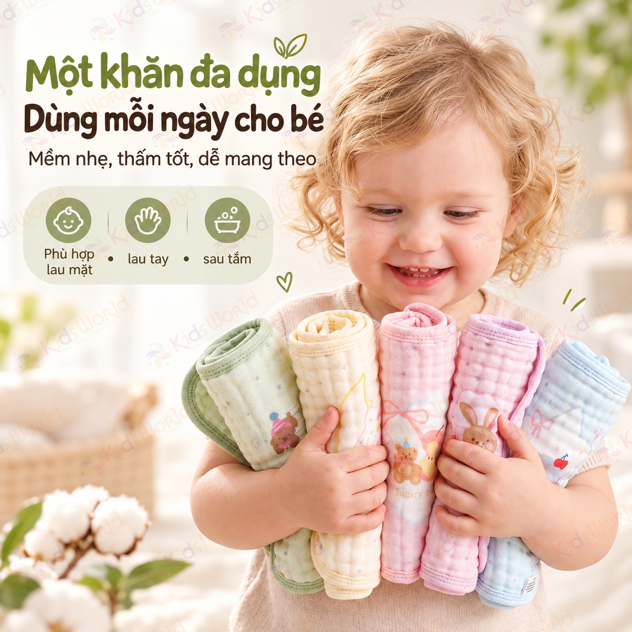 Set 5 khăn sữa cho bé sợi tre cotton 6 lớp họa tiết động vật nền màu pastel, mềm mại thấm hút mau khô kích thước 30x30cm