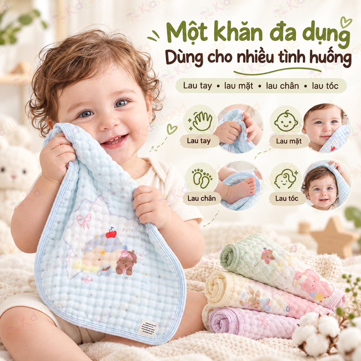Set 5 khăn sữa cho bé sợi tre cotton 6 lớp họa tiết động vật nền màu pastel, mềm mại thấm hút mau khô kích thước 30x30cm