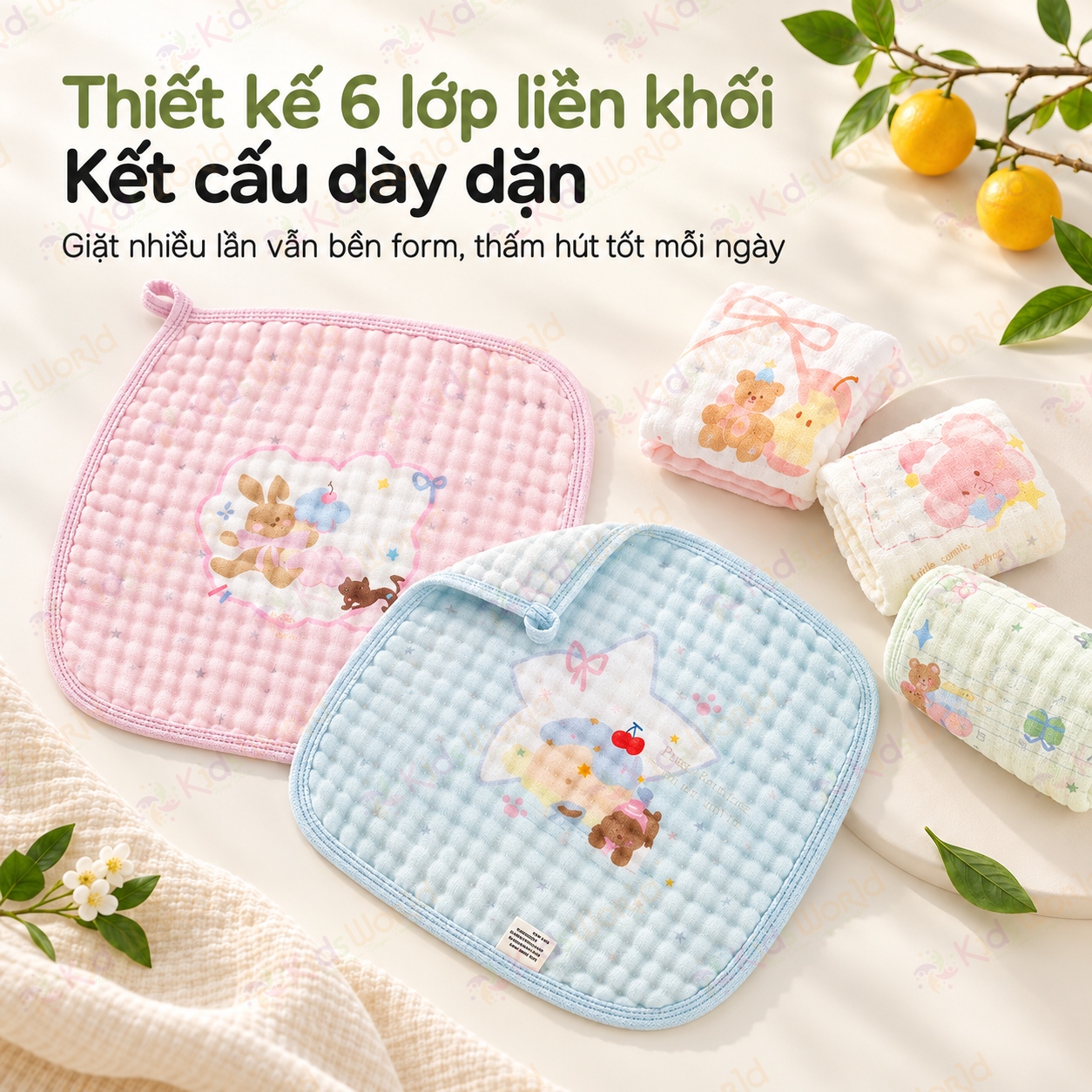 Set 5 khăn sữa cho bé sợi tre cotton 6 lớp họa tiết động vật nền màu pastel, mềm mại thấm hút mau khô kích thước 30x30cm