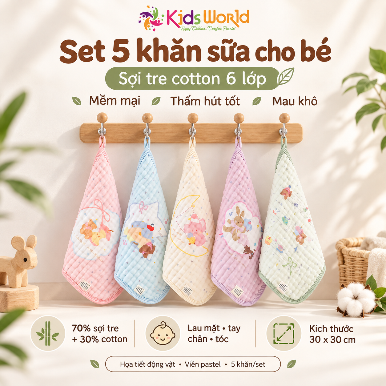 Set 5 khăn sữa cho bé sợi tre cotton 6 lớp họa tiết động vật nền màu pastel, mềm mại thấm hút mau khô kích thước 30x30cm