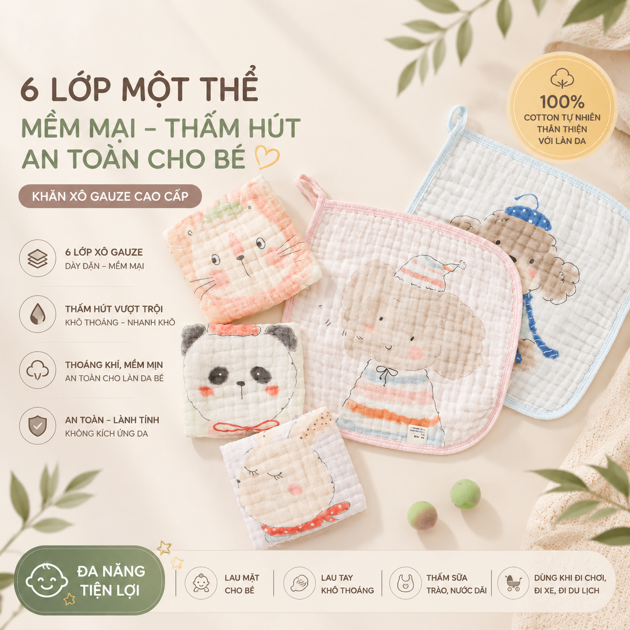 Set khăn sữa sợi bông tre cho bé in hình dễ thương khăn xô cao cấp, siêu mềm mại, thấm hút tốt, an toàn cho da nhạy cảm kích thước 30x30cm