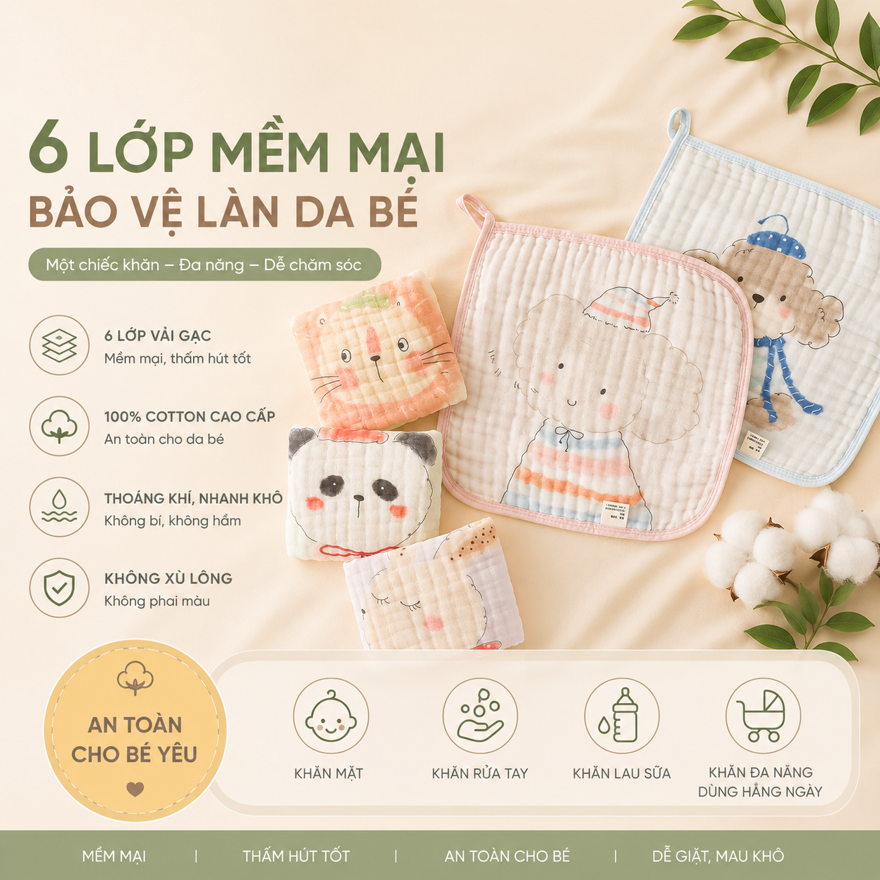 Set khăn sữa sợi bông tre cho bé in hình dễ thương khăn xô cao cấp, siêu mềm mại, thấm hút tốt, an toàn cho da nhạy cảm kích thước 30x30cm