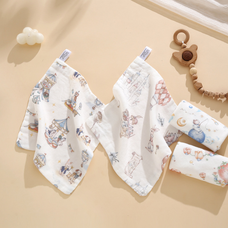 Set 5 khăn sữa sợi tre 4 lớp cho bé sơ sinh hoạ tiết hoạt hình cotton nguyên chất kích thước 25x25cm