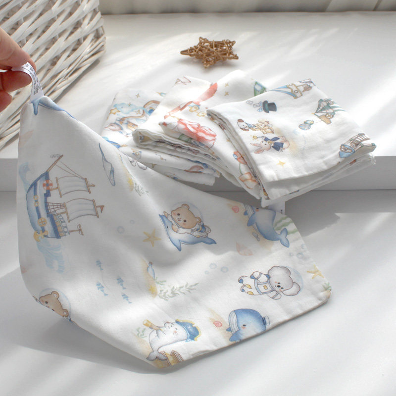 Set 5 khăn sữa sợi tre 4 lớp cho bé sơ sinh hoạ tiết hoạt hình cotton nguyên chất kích thước 25x25cm