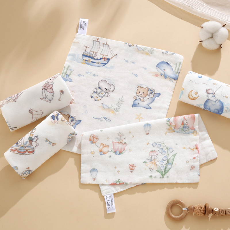 Set 5 khăn sữa sợi tre 4 lớp cho bé sơ sinh hoạ tiết hoạt hình cotton nguyên chất kích thước 25x25cm