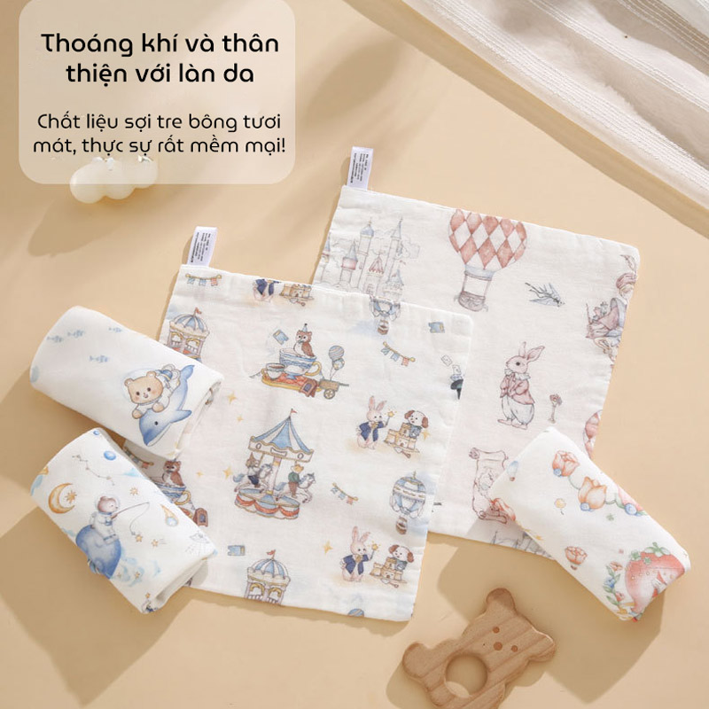 Set 5 khăn sữa sợi tre 4 lớp cho bé sơ sinh hoạ tiết hoạt hình cotton nguyên chất kích thước 25x25cm