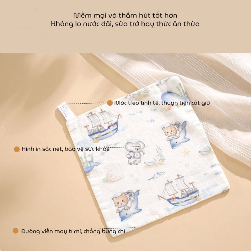 Set 5 khăn sữa sợi tre 4 lớp cho bé sơ sinh hoạ tiết hoạt hình cotton nguyên chất kích thước 25x25cm