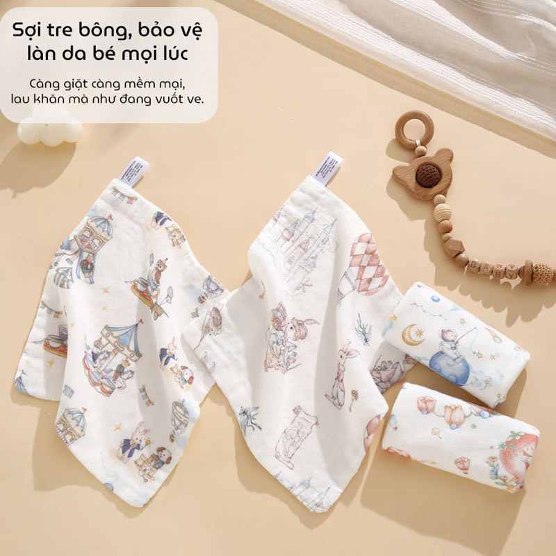 Set 5 khăn sữa sợi tre 4 lớp cho bé sơ sinh hoạ tiết hoạt hình cotton nguyên chất kích thước 25x25cm