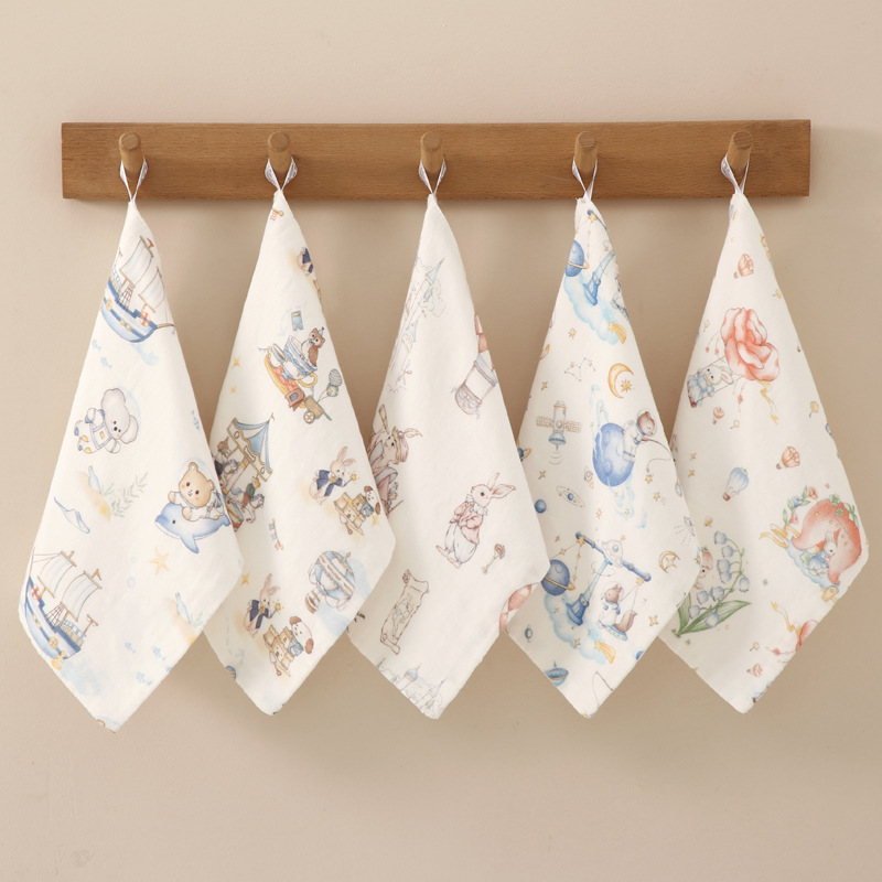 Set 5 khăn sữa sợi tre 4 lớp cho bé sơ sinh hoạ tiết hoạt hình cotton nguyên chất kích thước 25x25cm