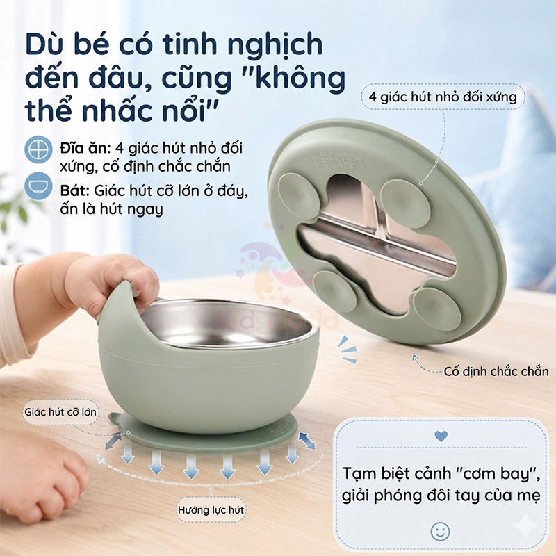Set Ăn Dặm 5 Món Cho Bé Inox 304 Cao Cấp, Có Giác Hút Chống Lật, Thiết Kế Chia Ngăn Tiện Lợi