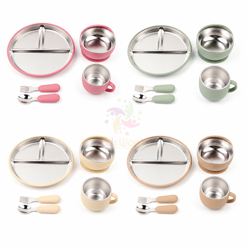 Set Ăn Dặm 5 Món Cho Bé Inox 304 Cao Cấp, Có Giác Hút Chống Lật, Thiết Kế Chia Ngăn Tiện Lợi