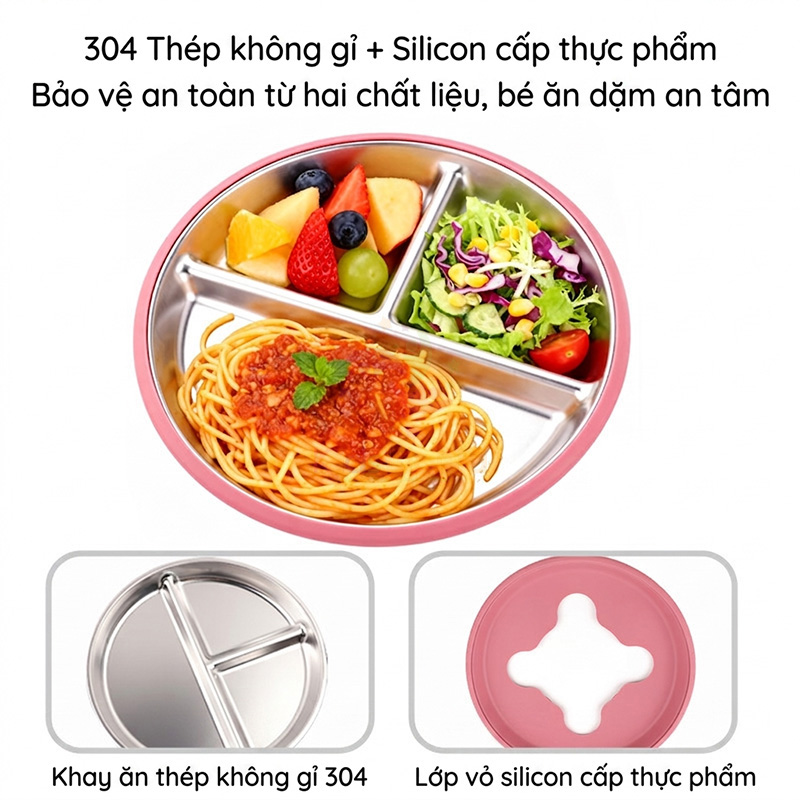 Set Ăn Dặm 5 Món Cho Bé Inox 304 Cao Cấp, Có Giác Hút Chống Lật, Thiết Kế Chia Ngăn Tiện Lợi
