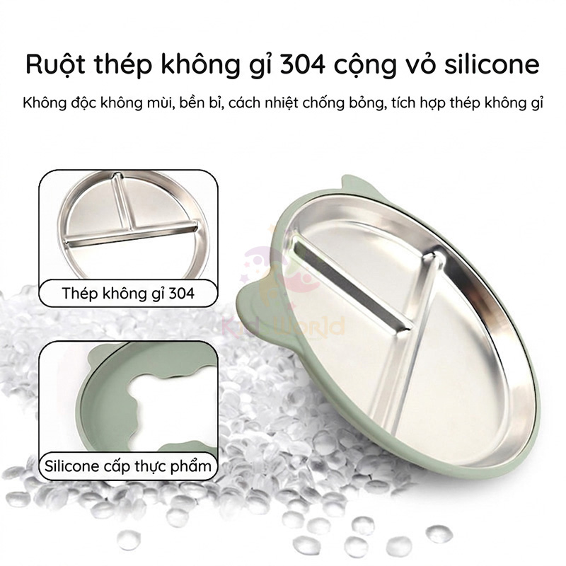 Set Ăn Dặm 5 Món Cho Bé Inox 304 Cao Cấp, Có Giác Hút Chống Lật, Thiết Kế Chia Ngăn Tiện Lợi