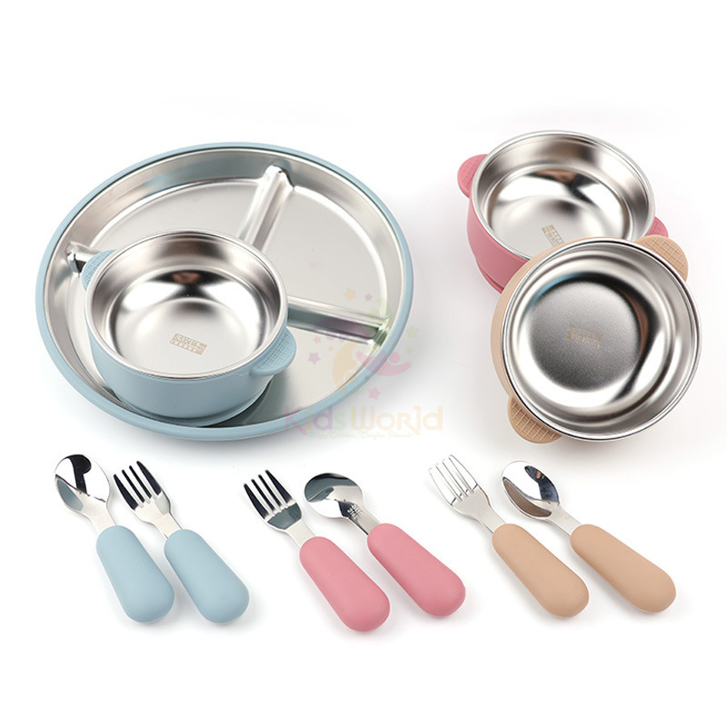 Set Ăn Dặm 5 Món Cho Bé Inox 304 Cao Cấp, Có Giác Hút Chống Lật, Thiết Kế Chia Ngăn Tiện Lợi