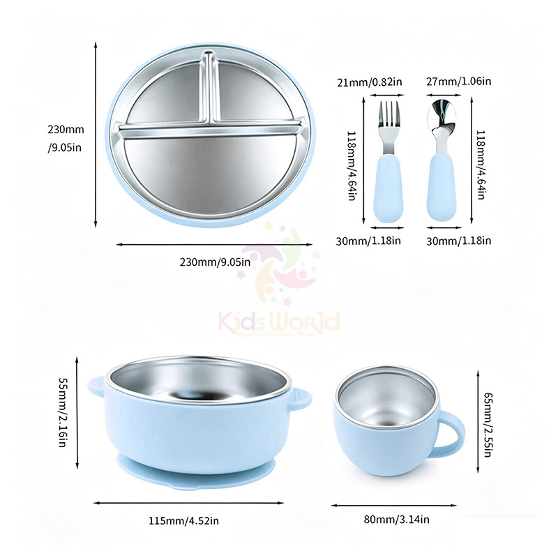 Set Ăn Dặm 5 Món Cho Bé Inox 304 Cao Cấp, Có Giác Hút Chống Lật, Thiết Kế Chia Ngăn Tiện Lợi