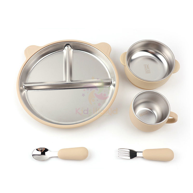 Set Ăn Dặm 5 Món Cho Bé Inox 304 Cao Cấp, Có Giác Hút Chống Lật, Thiết Kế Chia Ngăn Tiện Lợi