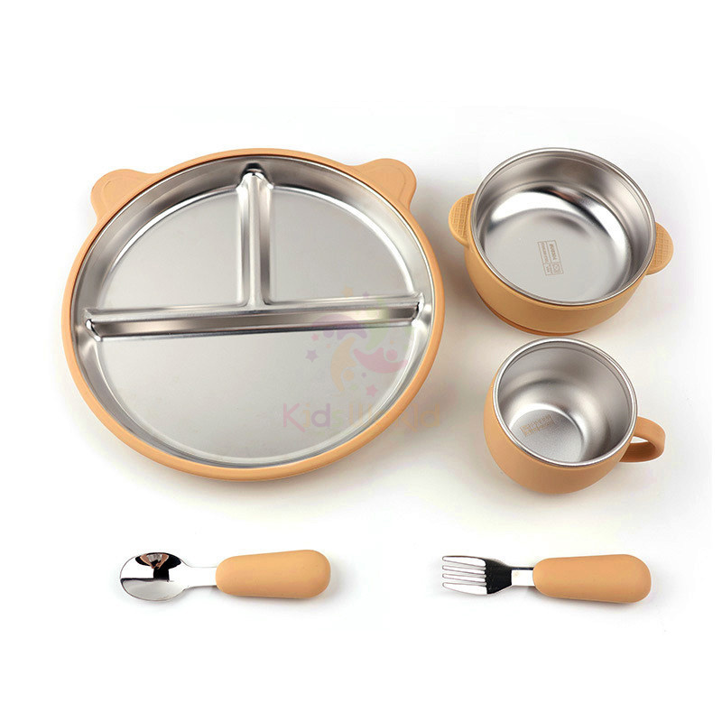 Set Ăn Dặm 5 Món Cho Bé Inox 304 Cao Cấp, Có Giác Hút Chống Lật, Thiết Kế Chia Ngăn Tiện Lợi