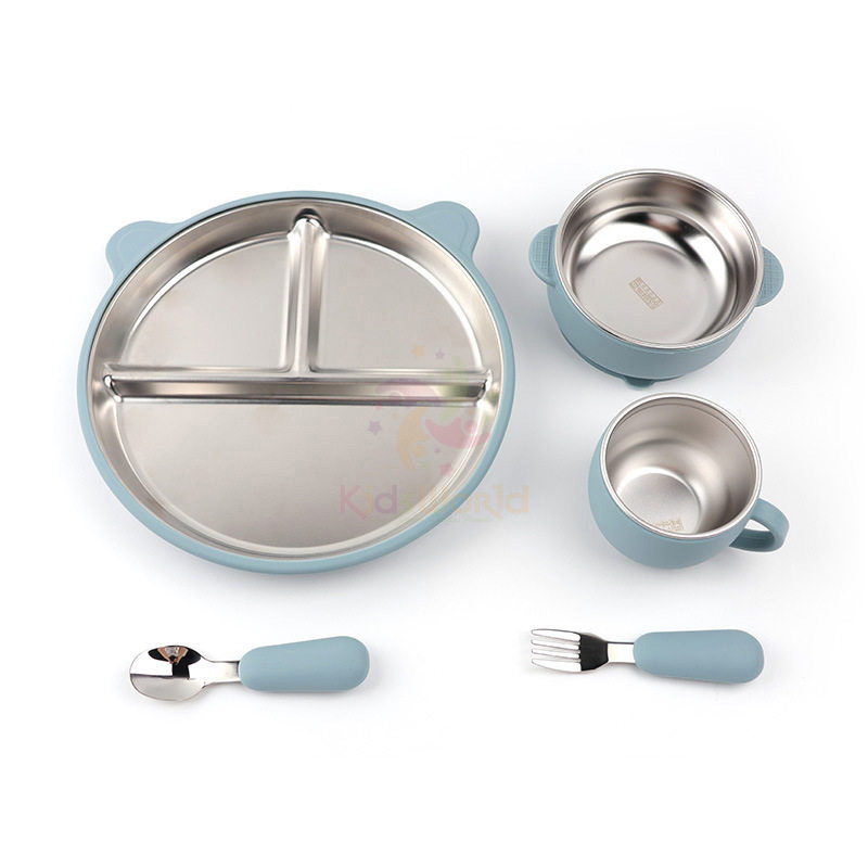 Set Ăn Dặm 5 Món Cho Bé Inox 304 Cao Cấp, Có Giác Hút Chống Lật, Thiết Kế Chia Ngăn Tiện Lợi