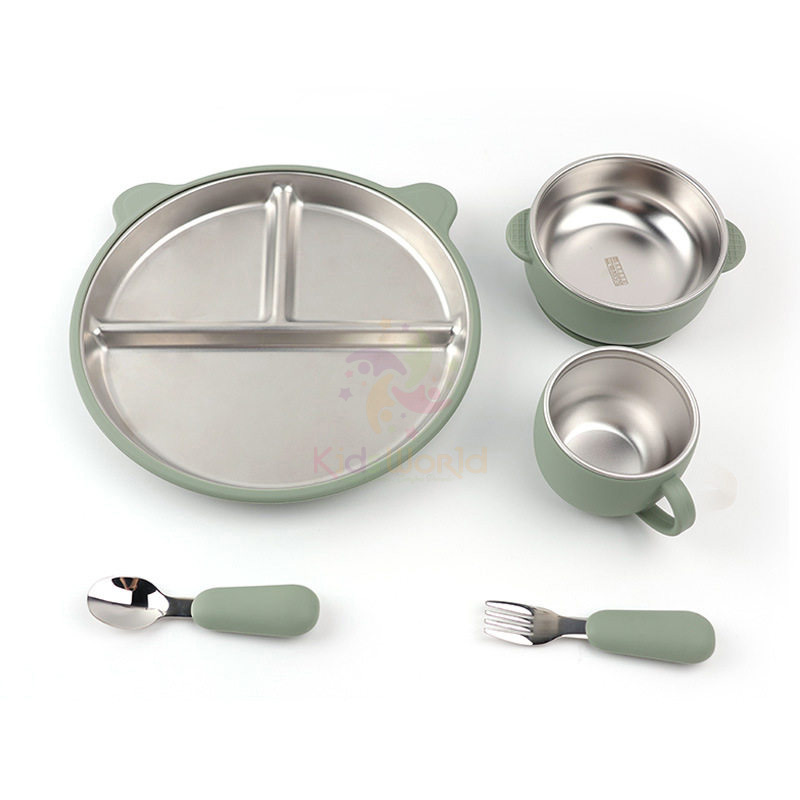 Set Ăn Dặm 5 Món Cho Bé Inox 304 Cao Cấp, Có Giác Hút Chống Lật, Thiết Kế Chia Ngăn Tiện Lợi