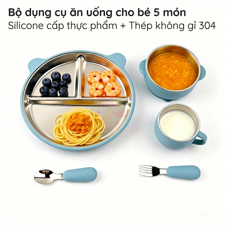 Set Ăn Dặm 5 Món Cho Bé Inox 304 Cao Cấp, Có Giác Hút Chống Lật, Thiết Kế Chia Ngăn Tiện Lợi