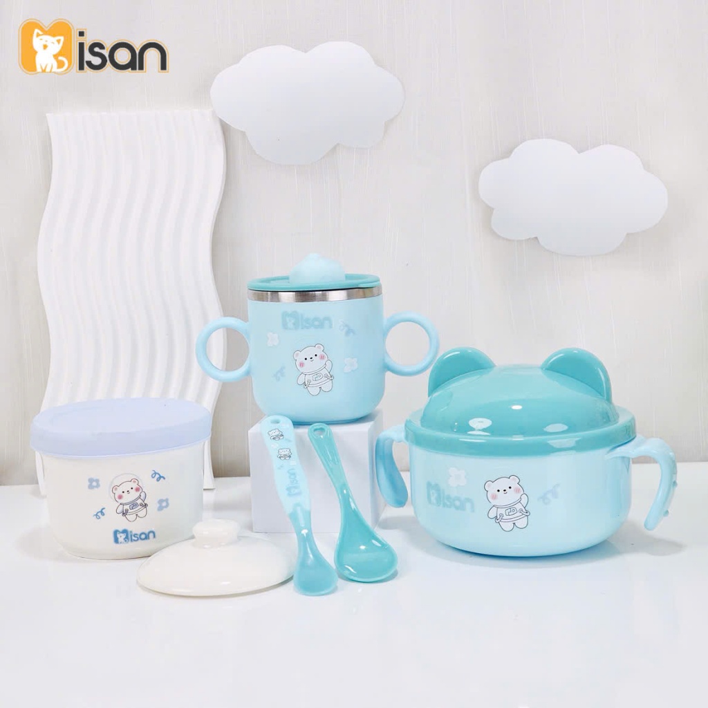 Set ăn dặm cao cấp cho bé Misan gồm bát inox giữ nhiệt, cốc inox giữ nhiệt, hũ sứ 2 nắp, thìa báo nóng, khay mây- Gấu trắng