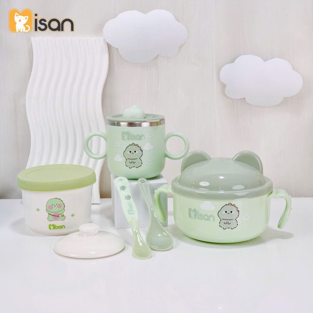 Set ăn dặm cao cấp cho bé Misan gồm bát inox giữ nhiệt, cốc inox giữ nhiệt, hũ sứ 2 nắp, thìa báo nóng, khay mây- Khủng Long