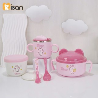Set ăn dặm cao cấp cho bé Misan gồm bát inox giữ nhiệt, cốc inox giữ nhiệt, hũ sứ 2 nắp, thìa báo nóng, khay mây- Thỏ Hồng