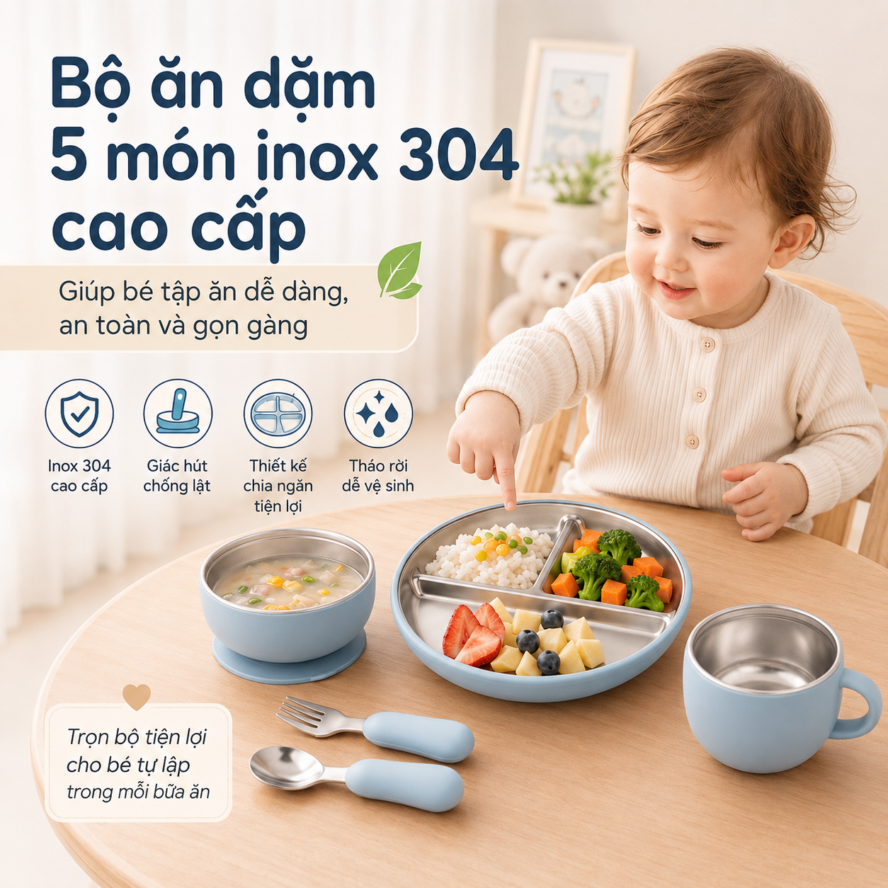 Set ăn dặm cho bé 5 món inox 304 cao cấp, bộ dụng cụ ăn uống silicone có giác hút chống lật, khay chia ngăn tiện lợi
