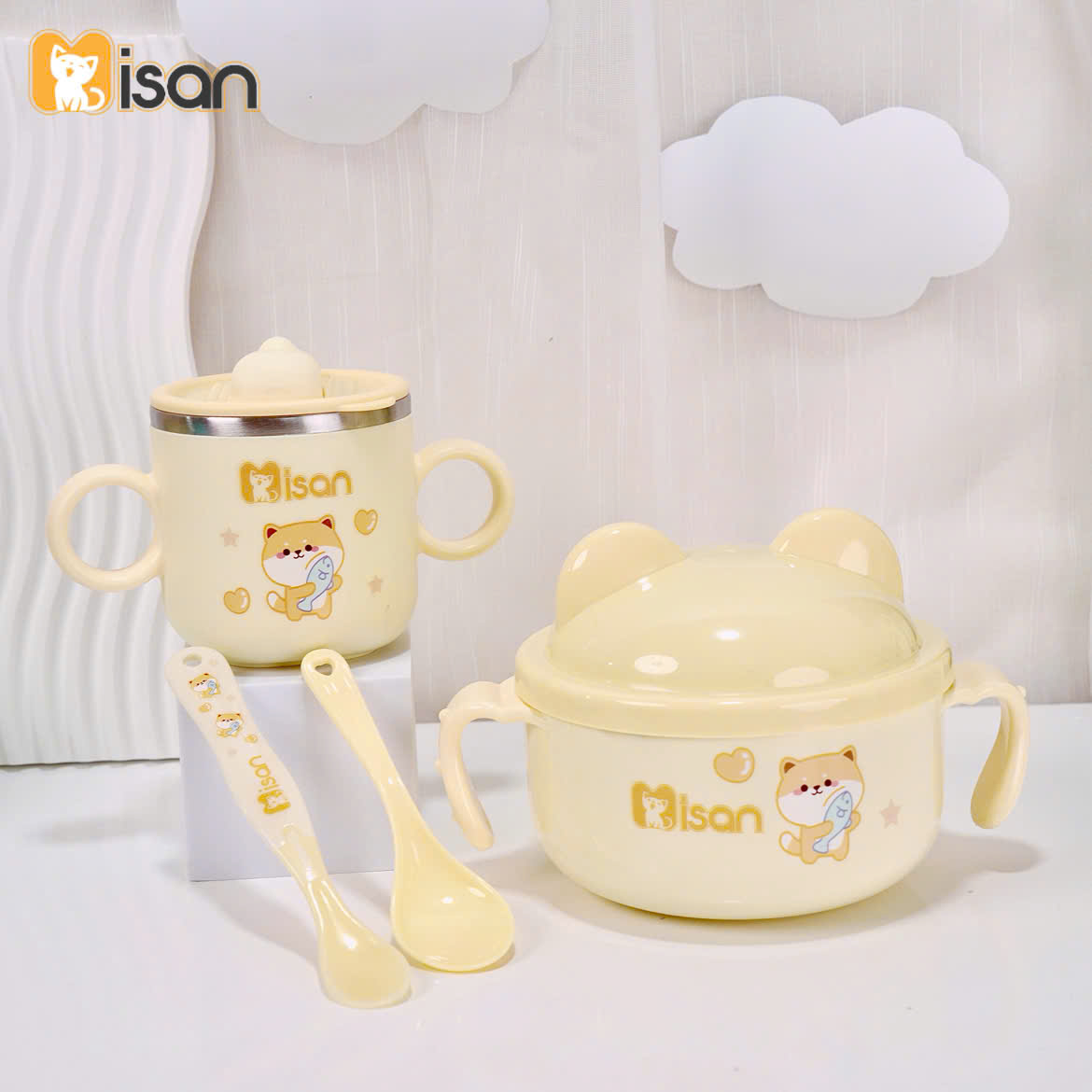 Set ăn dặm đầy đủ Misan gồm bát inox kèm thìa, cốc inox, thìa báo nóng - Corgi