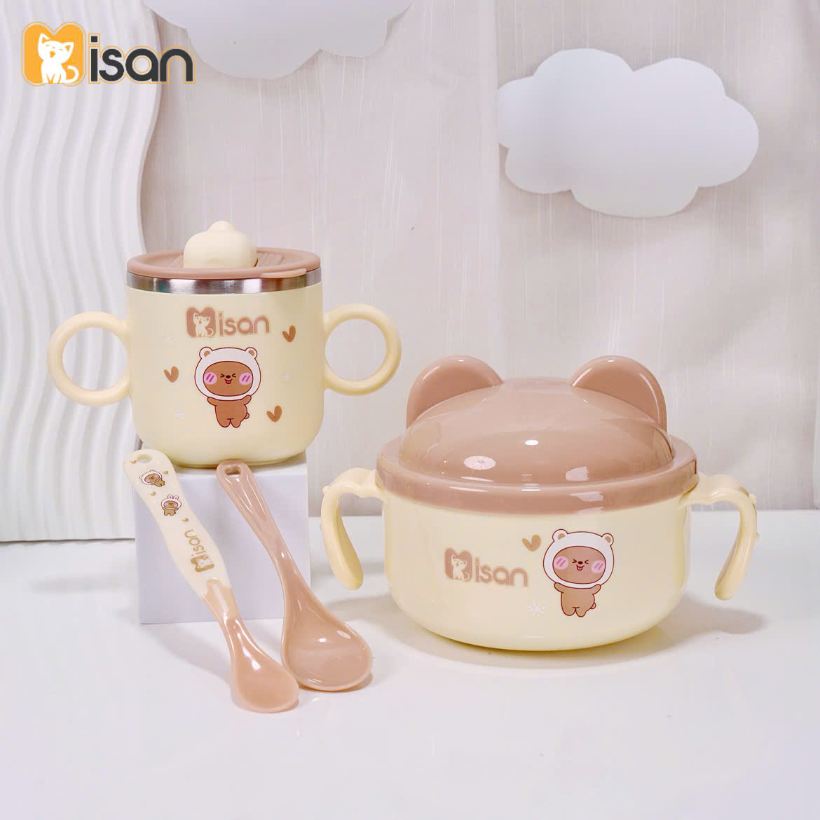 Set ăn dặm đầy đủ Misan gồm bát inox kèm thìa, cốc inox, thìa báo nóng - Gấu kem