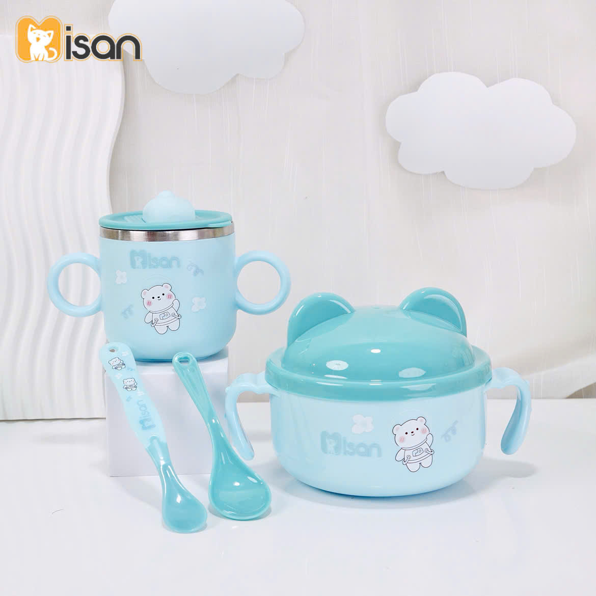 Set ăn dặm đầy đủ Misan gồm bát inox kèm thìa, cốc inox, thìa báo nóng - Gấu trắng