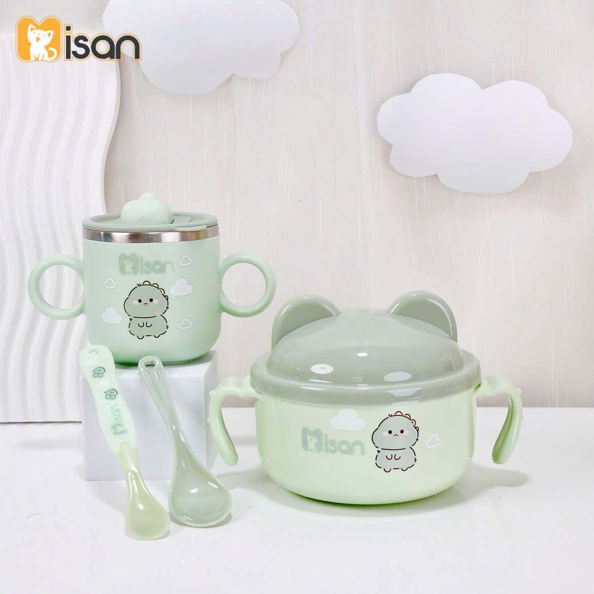 Set ăn dặm đầy đủ Misan gồm bát inox kèm thìa, cốc inox, thìa báo nóng - Khủng long