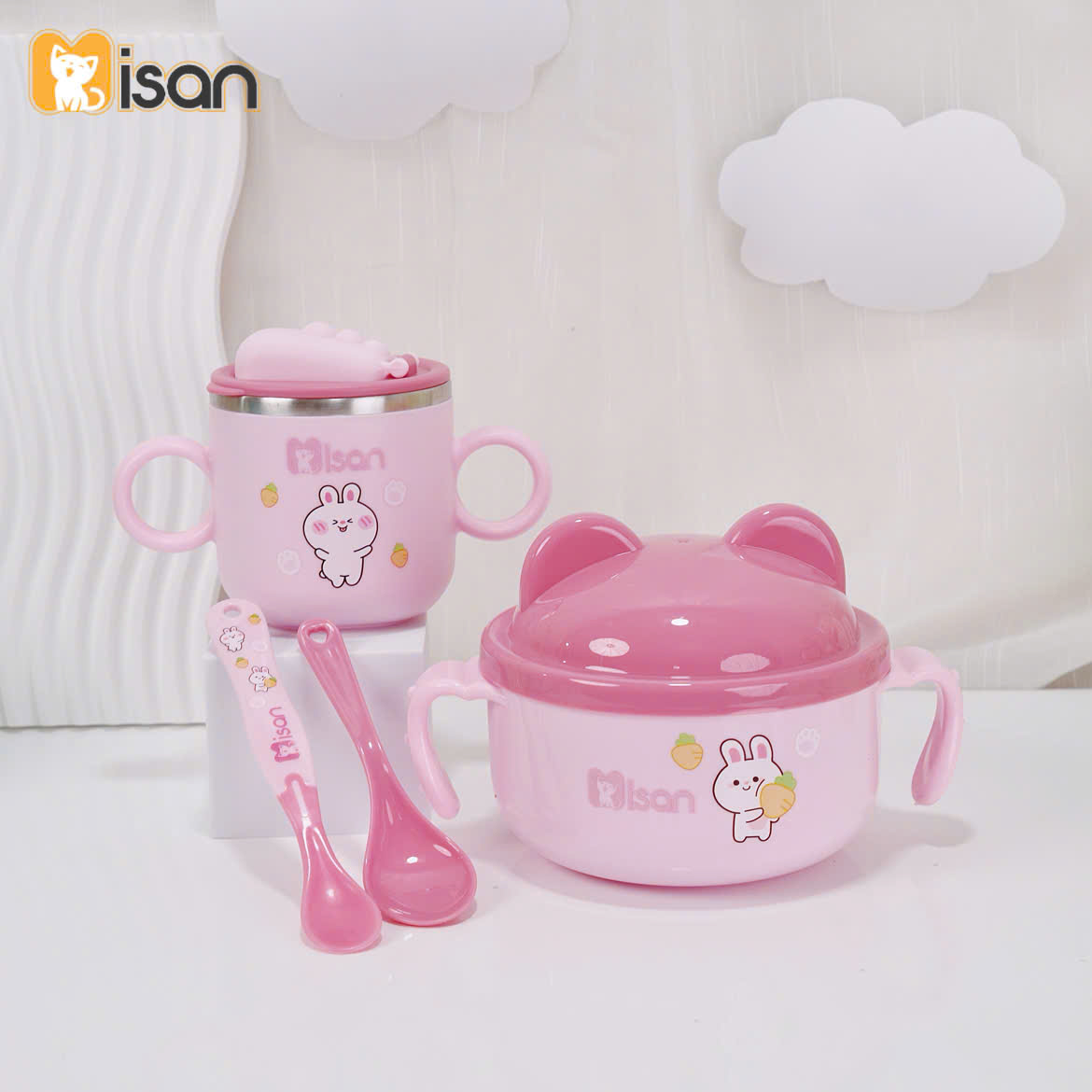Set ăn dặm đầy đủ Misan gồm bát inox kèm thìa, cốc inox, thìa báo nóng - Thỏ hồng