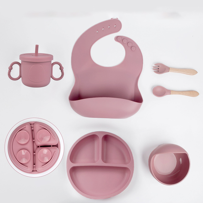 Set ăn dặm silicon 6 món cho bé bao gồm khay hình gấu, yếm, ly, chén, thìa dĩa cao cấp, dễ dàng vệ sinh an toàn cho bé