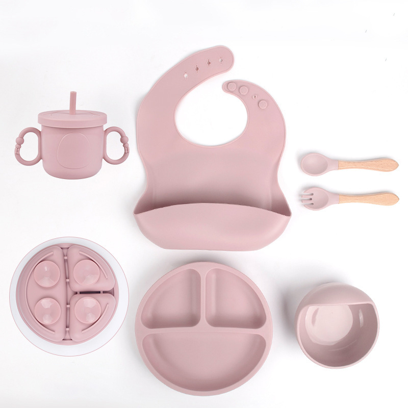Set ăn dặm silicon 6 món cho bé bao gồm khay hình gấu, yếm, ly, chén, thìa dĩa cao cấp, dễ dàng vệ sinh an toàn cho bé