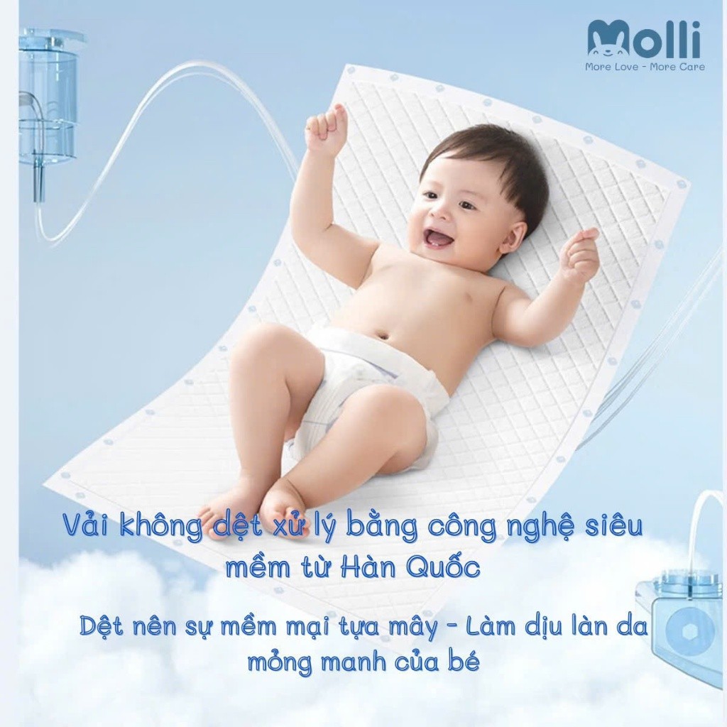 Tấm lót chống thấm dùng một lần Molli cho bé phù hợp lót giường, xe đẩy, ghế ăn, hoặc dùng khi thay tã