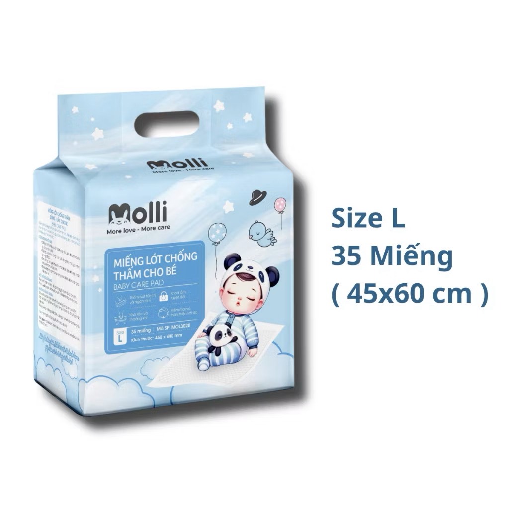 Tấm lót chống thấm dùng một lần Molli cho bé phù hợp lót giường, xe đẩy, ghế ăn, hoặc dùng khi thay tã