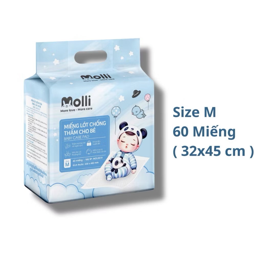 Tấm lót chống thấm dùng một lần Molli cho bé phù hợp lót giường, xe đẩy, ghế ăn, hoặc dùng khi thay tã