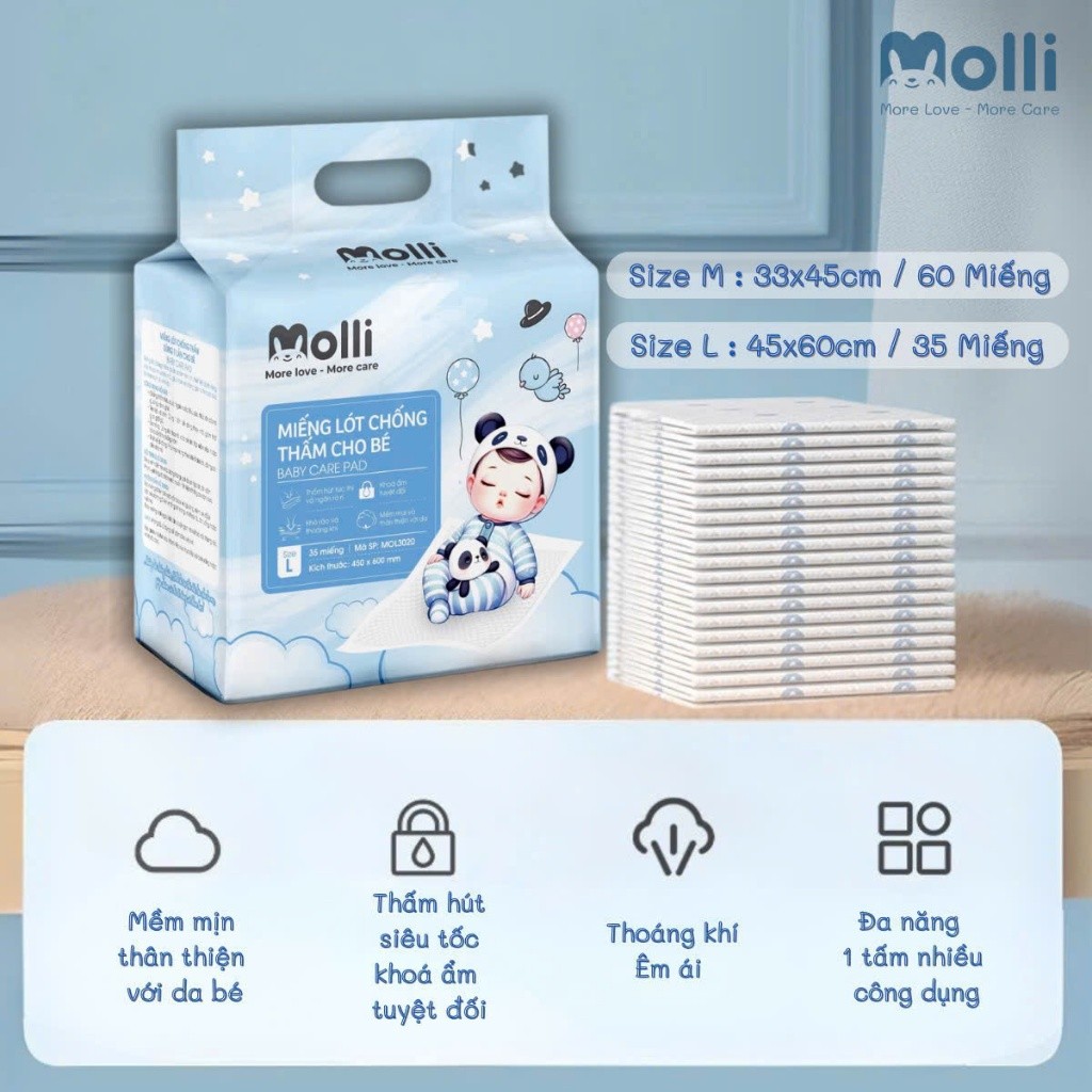 Tấm lót chống thấm dùng một lần Molli cho bé phù hợp lót giường, xe đẩy, ghế ăn, hoặc dùng khi thay tã