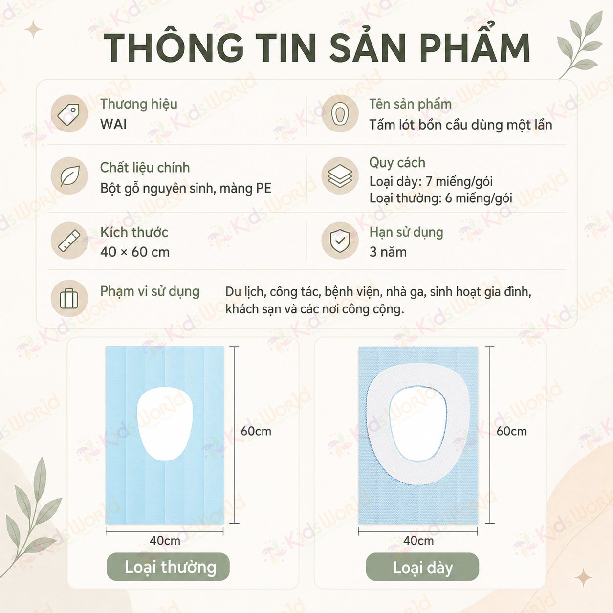 Tấm lót bồn cầu dùng một lần Wai Disposable Toilet Mat, miếng lót toilet chống thấm màng PE kích thước 40x60cm