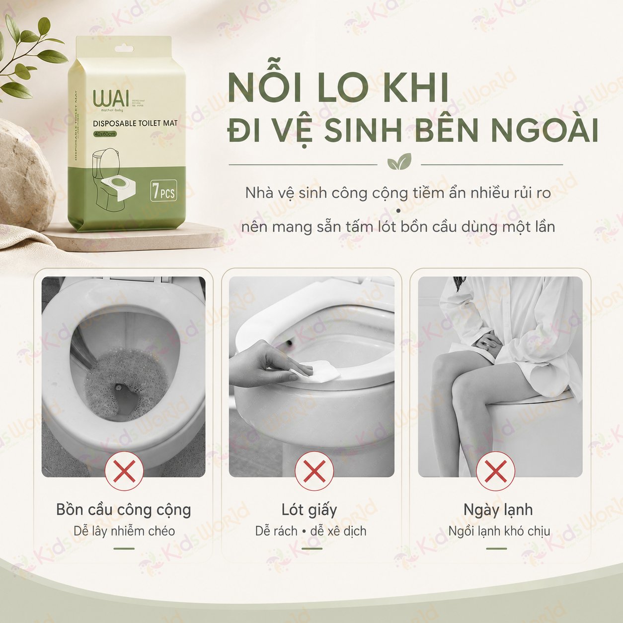 Tấm lót bồn cầu dùng một lần Wai Disposable Toilet Mat, miếng lót toilet chống thấm màng PE kích thước 40x60cm