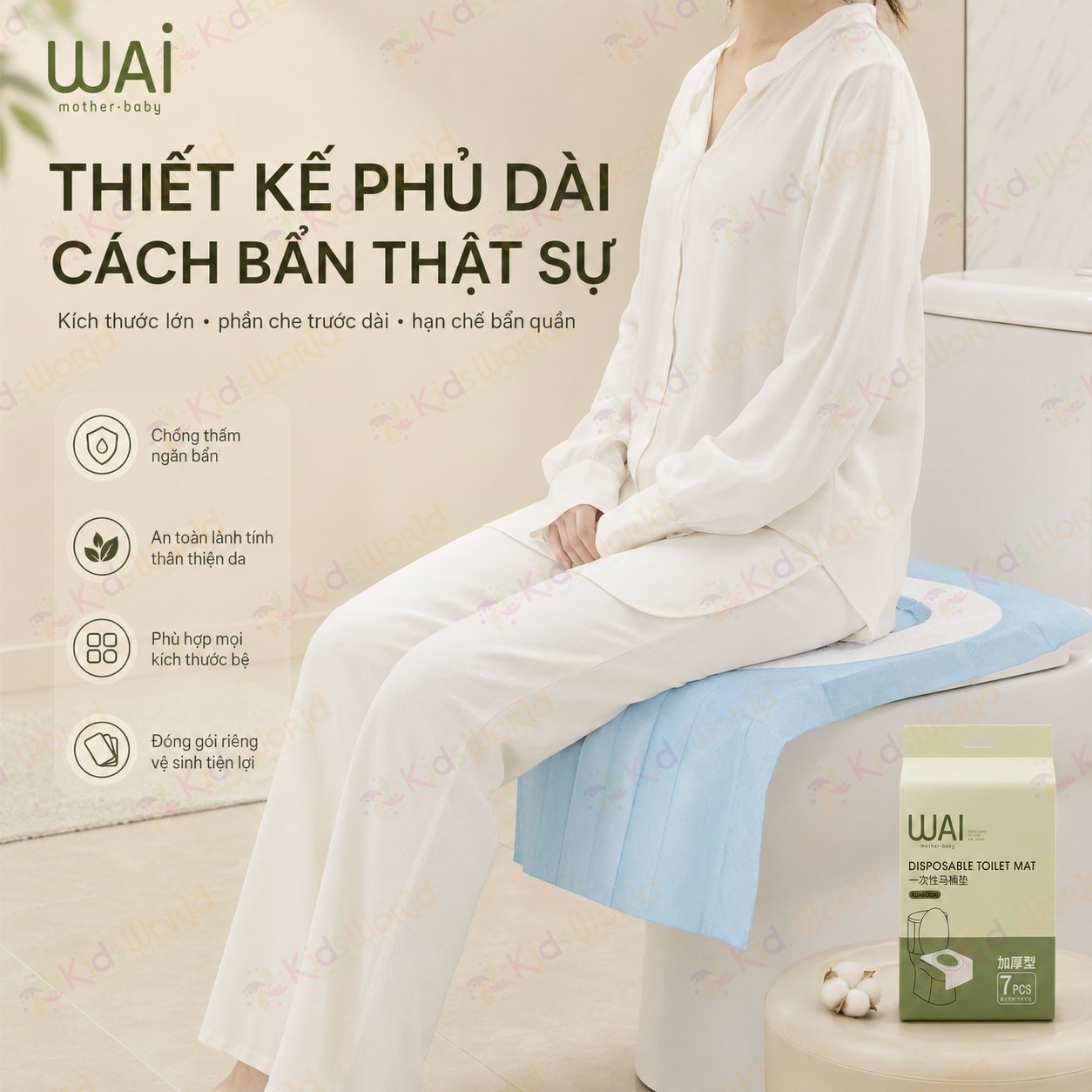 Tấm lót bồn cầu dùng một lần Wai Disposable Toilet Mat, miếng lót toilet chống thấm màng PE kích thước 40x60cm
