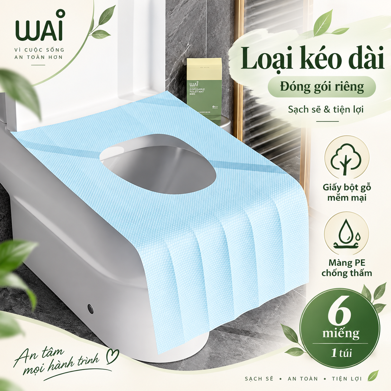 Tấm lót bồn cầu dùng một lần Wai Disposable Toilet Mat, miếng lót toilet chống thấm màng PE kích thước 40x60cm