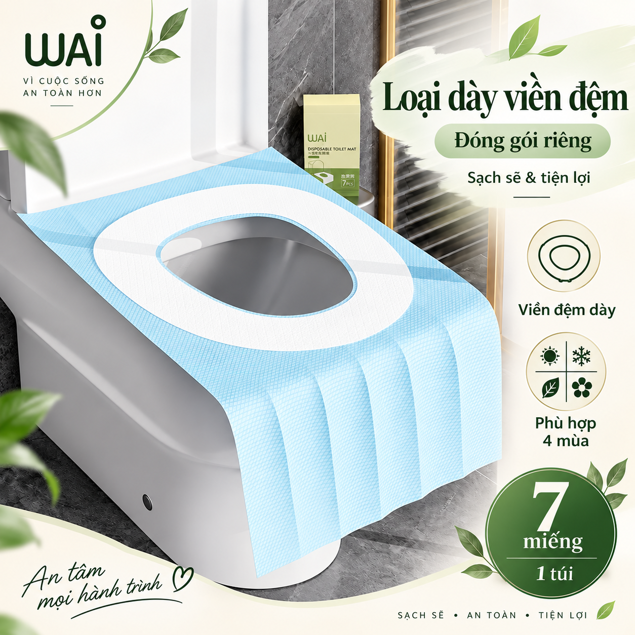Tấm lót bồn cầu dùng một lần Wai Disposable Toilet Mat, miếng lót toilet chống thấm màng PE kích thước 40x60cm