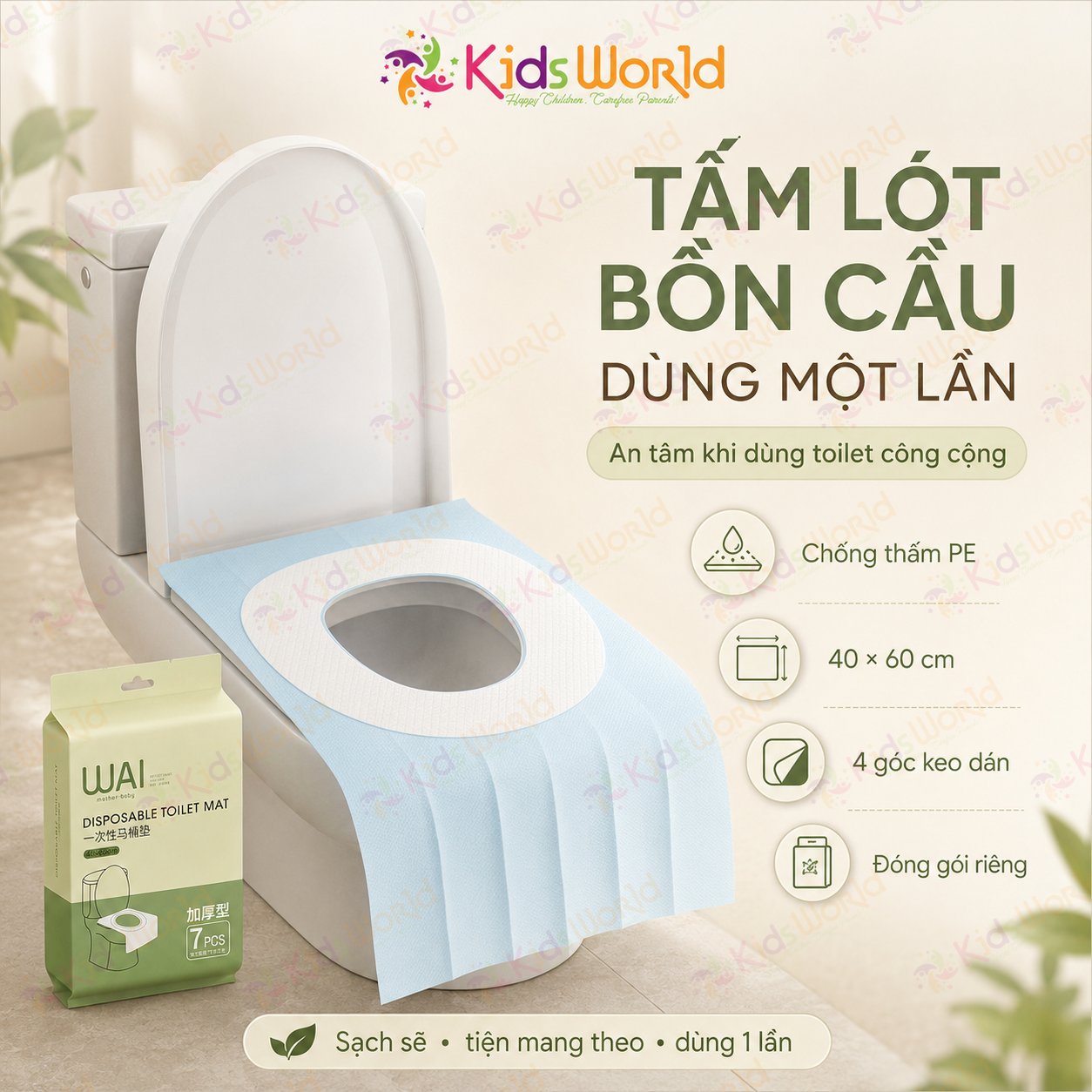 Tấm lót bồn cầu dùng một lần Wai Disposable Toilet Mat, miếng lót toilet chống thấm màng PE kích thước 40x60cm