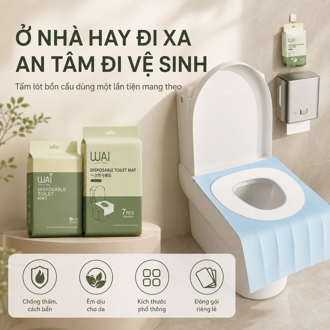 Tấm lót bồn cầu dùng một lần Wai Disposable Toilet Mat, miếng lót toilet chống thấm màng PE kích thước 40x60cm