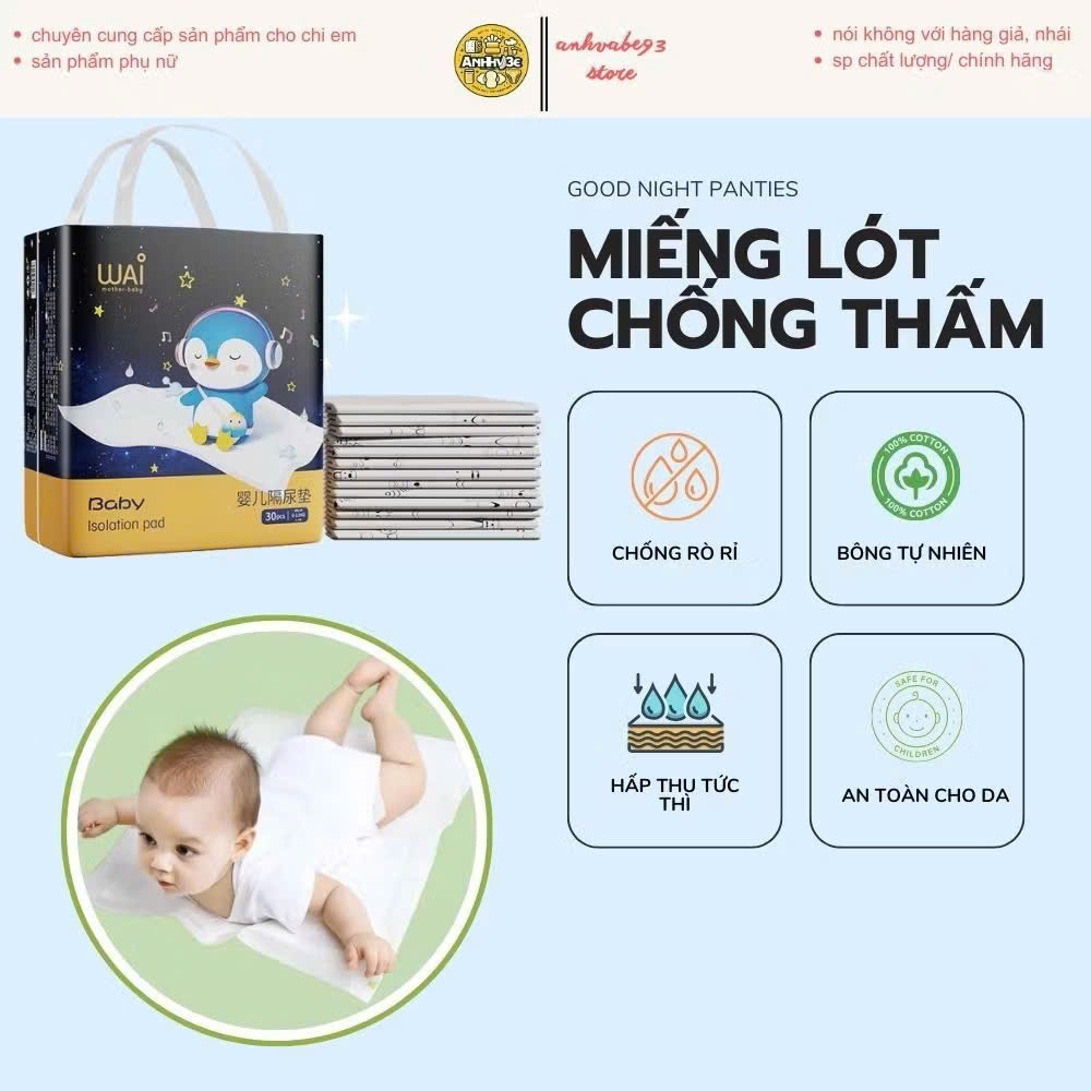 Tấm lót chống thấm Wai Isolation Pad dùng 1 lần thay tã bỉm cho bé & mẹ sau sinh mặt bông siêu mềm mại, thoáng khí, siêu thấm hút, chống thấm tuyệt đối