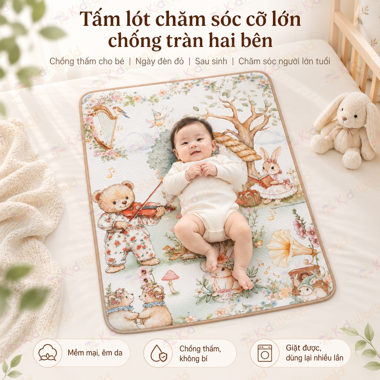 Tấm lót chống thấm cho bé phiên bản thế giới cổ tích màu nước 4 lớp cotton TPU, tấm lót thay tã giặt được thấm hút chống tràn kích thước 50x70cm